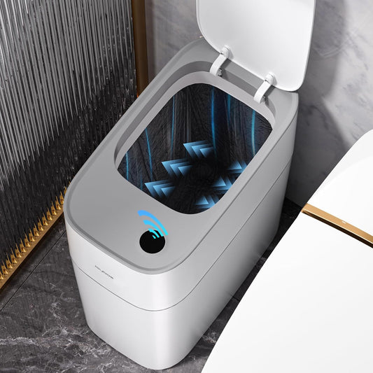 JOYBOS Small Bathroom Trash Cans with Lids,3.8 Gallon Slim White Plastic Automatic Garbage Can,Narrow Motion Sensor Waterproof Trash Bin for Bedroom, Toilet,Office
