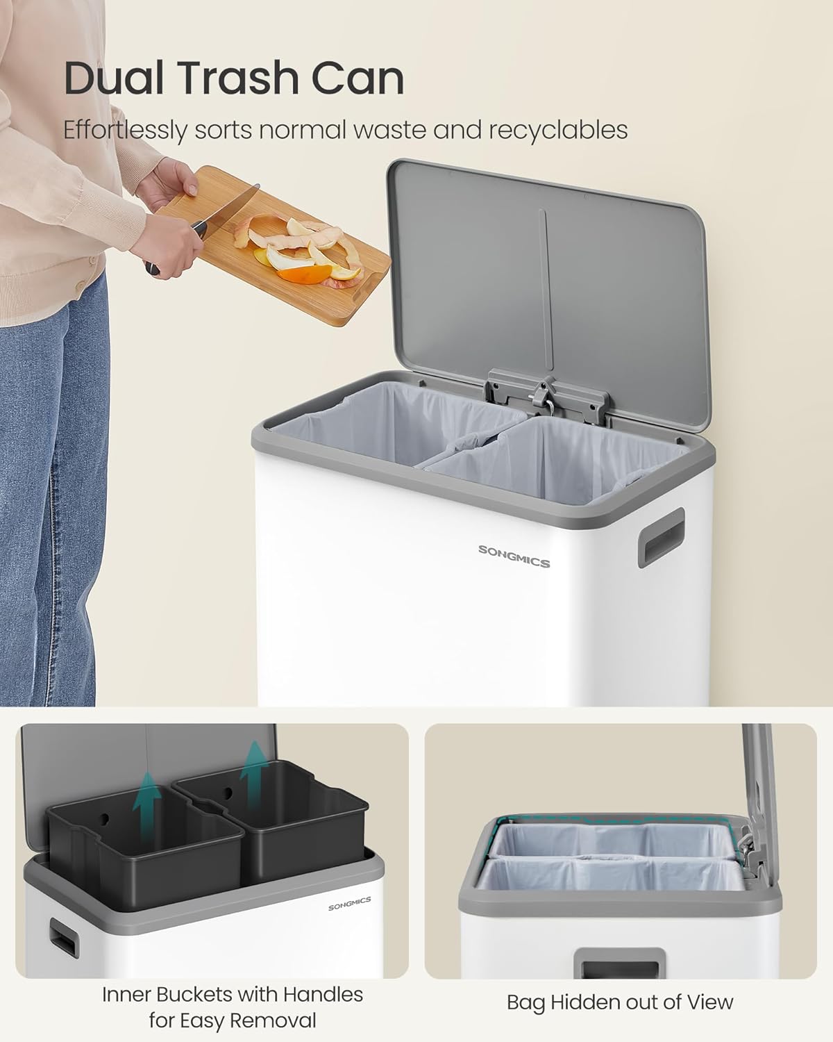 SONGMICS Trash Can, 2 x 8 Gallon (2 x 30 L) Double Garabge Can for Recycling and Waste, Stainless Steel, Soft-Close Lid, Inner Buckets, Wide Sturdy Pedal, Cloud White ULTB556W01