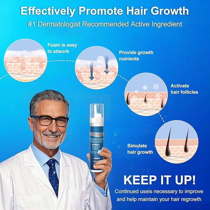 5% minoxidil foam for men, topical minoxidil foam, Biotin-Infused, Hair Growth Treatment, Unscented, Foam, 3-4 Month Supply, Supports Thicker and Fuller Hair & Beard