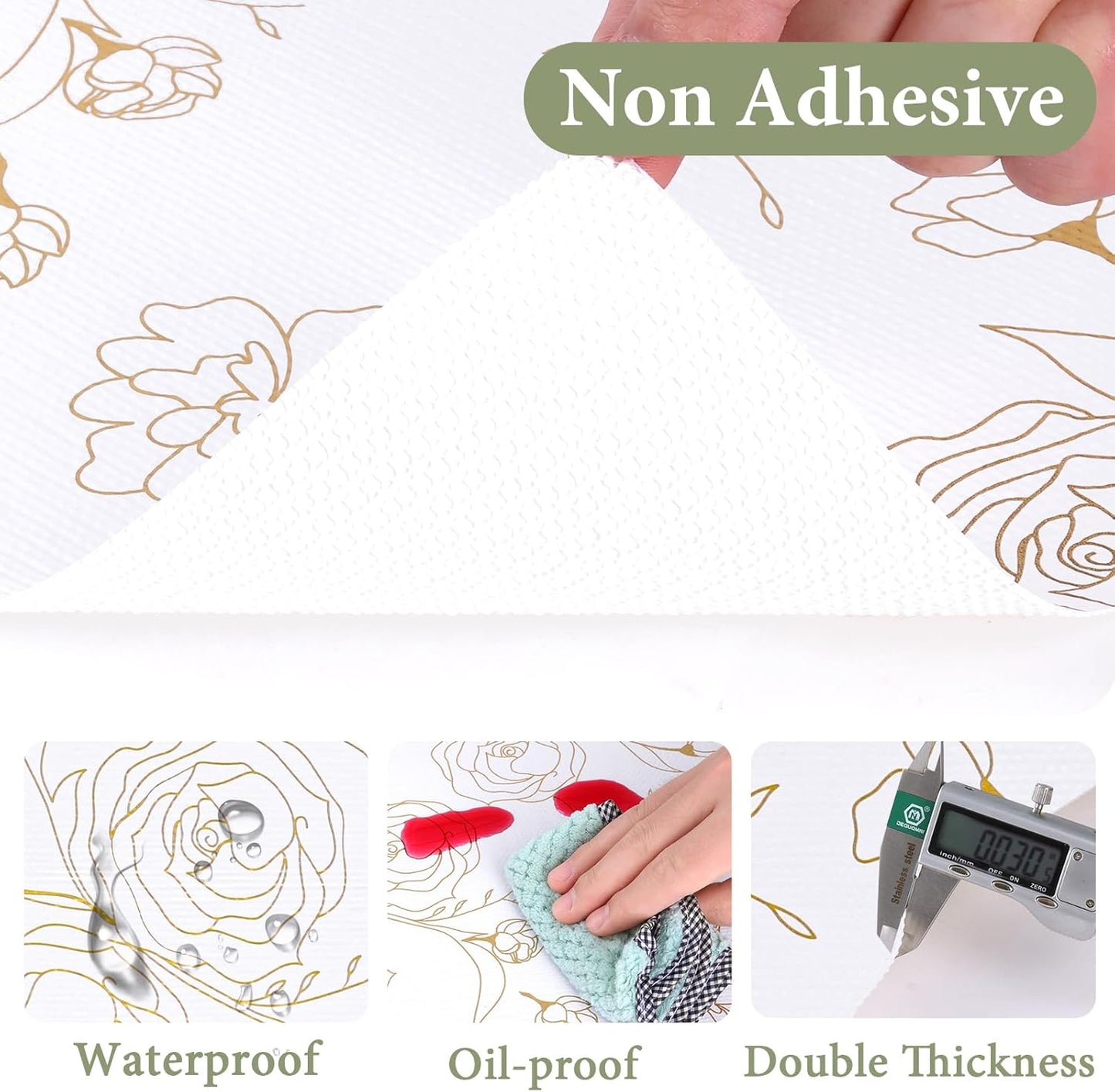 Shelf Liners for Kitchen Cabinets 12in x 10FT Non Adhesive Drawer Liner Gold Floral Thickened Shelf Liner Paper Strong Non-Slip Easy to Clean for Tool Box Refrigerator with Knife and Tape Measure