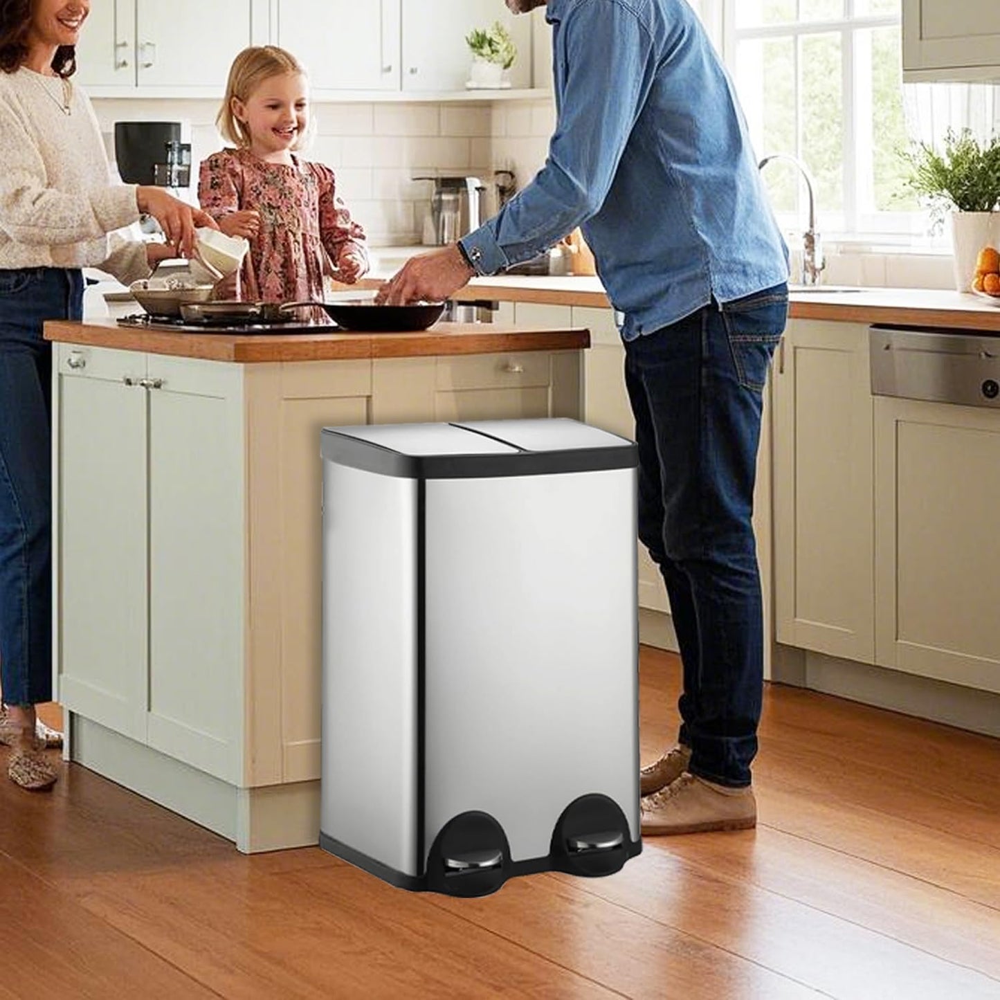 60 Liter (2x30L) 16 Gallon Dual Trash Can, Recycle Bins for Kitchen with 2 Compartments, Trash and Recycle Bin Combo, Soft Close Lid, Stainless Steel Trash Can