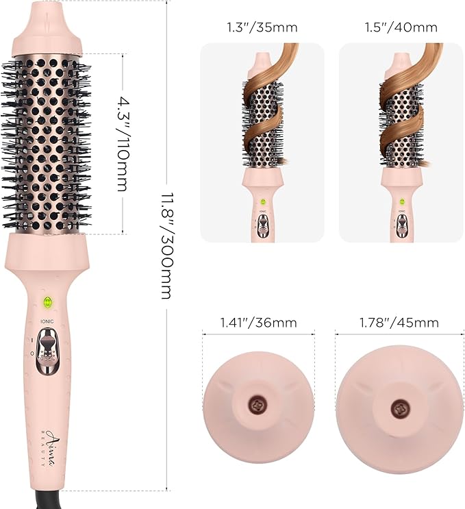Aima Beauty Hair Curling Iron Brush, 1.5"/40mm Hot Round Brush, Create Smooth & Shiny Loose Curls, Fast Heating Thermal Brush, Dual Voltage, 60Mins Auto Shut Off, Pink
