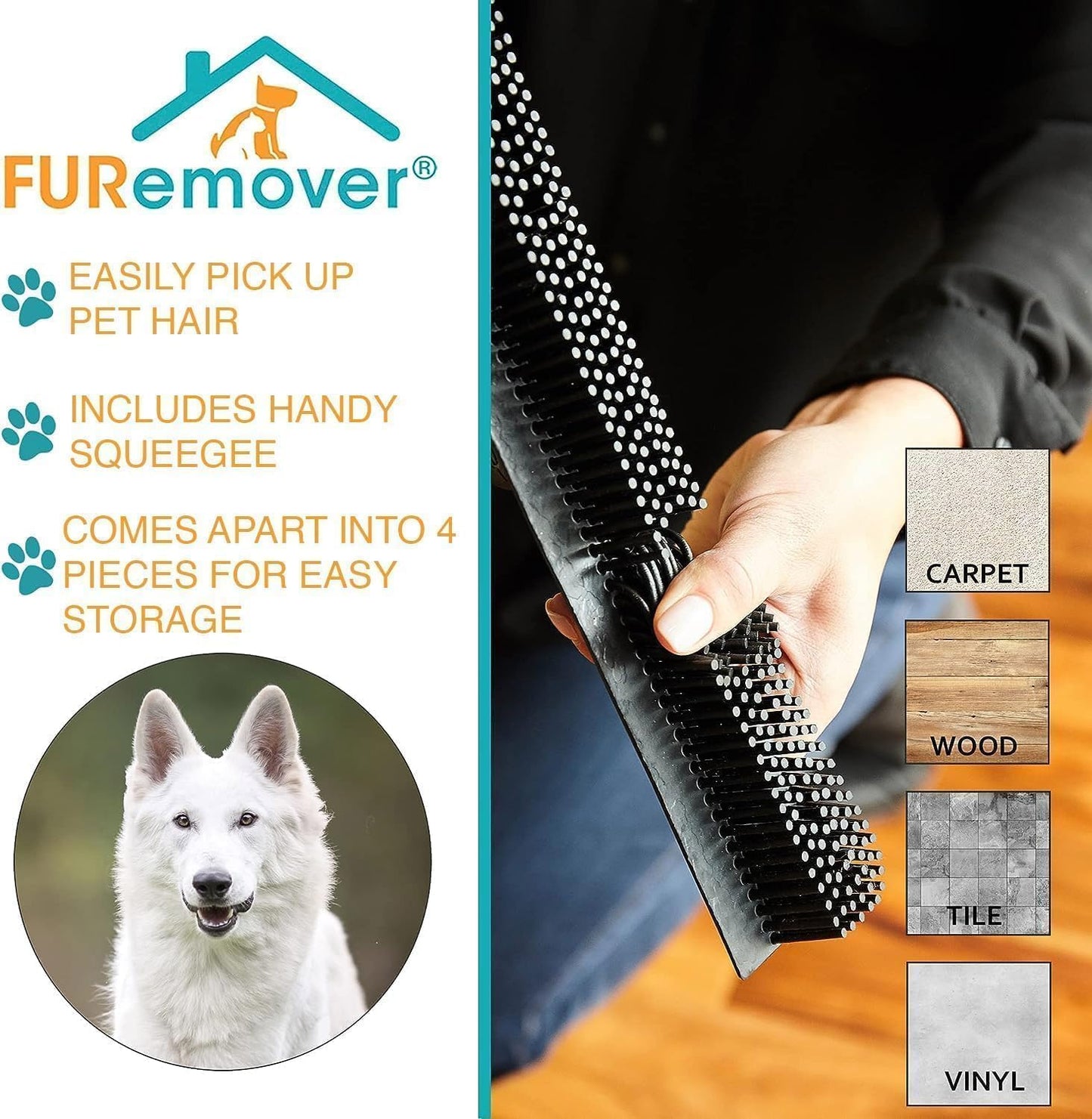 FURemover Sweep Pet Hair Rubber Broom with Carpet Rake and Squeegee, Ideal for Tile, Carpet and Hardwood, Disassembles for Easy Storage
