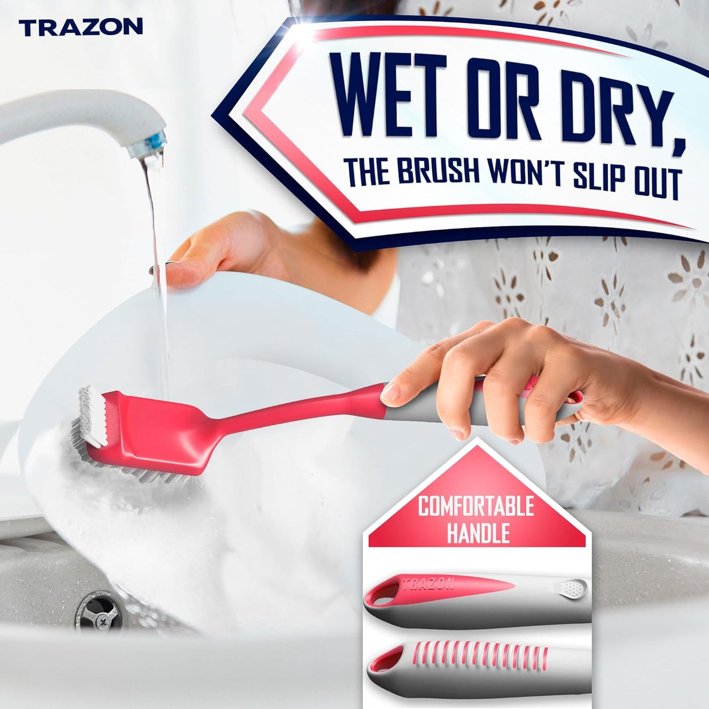 Dish Brush Set of 4 - Kitchen Scrub Brushes with Non-Slip Long Handle for Cleaning, Scrubber, Dishwashing, Dishes, Bottles, Straws, Cups, Pots & Sink, Red