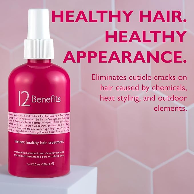 12 Benefits Instant Healthy Hair Treatment - Leave In Conditioner Spray with Quaternium 39 and Silk Fibre Protein - Smooths Frizz, Strengthens & Repairs Damaged Hair - (12 Fl Oz)