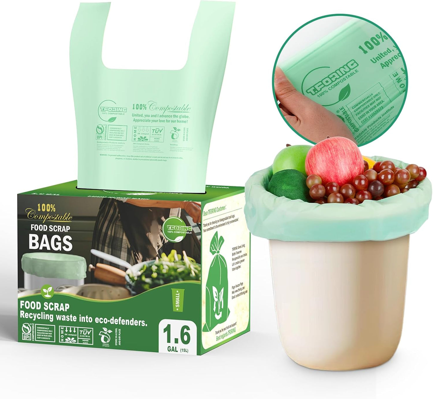 1.6 Gallon Handle Tie Compostable Food Scrap Bags For Counter Top Compost Bin, Small Compost Bags, 80 Count, 6 Liter, BPI & OK compost INDUSTRIAL Certified