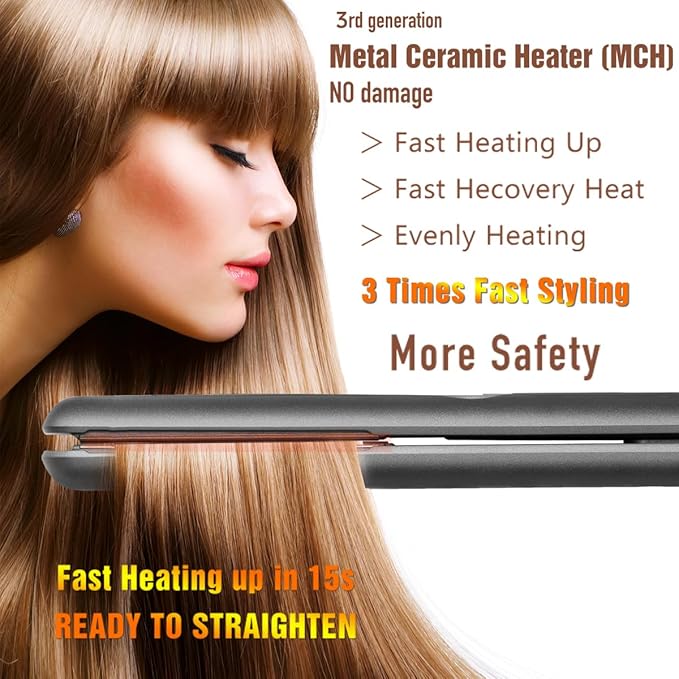 NITION Ceramic Tourmaline Flat Irons for Hair LCD Hair Straightener MCH Fast Straightening for Healthy Styling. 6 Temperature Levels 265-450°F Adjustable for All Hair. Travel Pouch Bag Included. Black