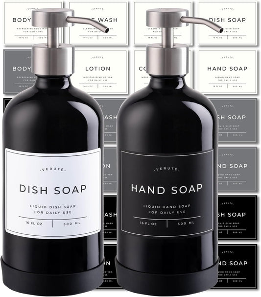 16oz Glass Soap Dispenser with Stainless Steel Pump, 21 Waterproof Labels, Non-Slip Protective Silicone Pad, Set of 2 for Bathroom & Kitchen (Gloss Black Bottle/Brushed Silver Pump)