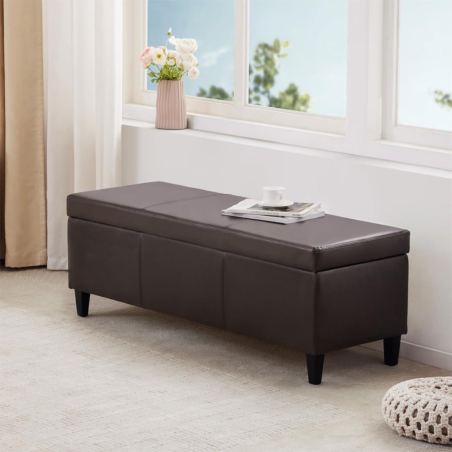 HUIMO Faux Leather Storage Ottoman Bench 50.3 Inch Extra Long PU Upholstered Bedroom Bench with Large Storage Space for The Living Room, Entryway, Bedroom Hold Up to 300lbs (Brown)