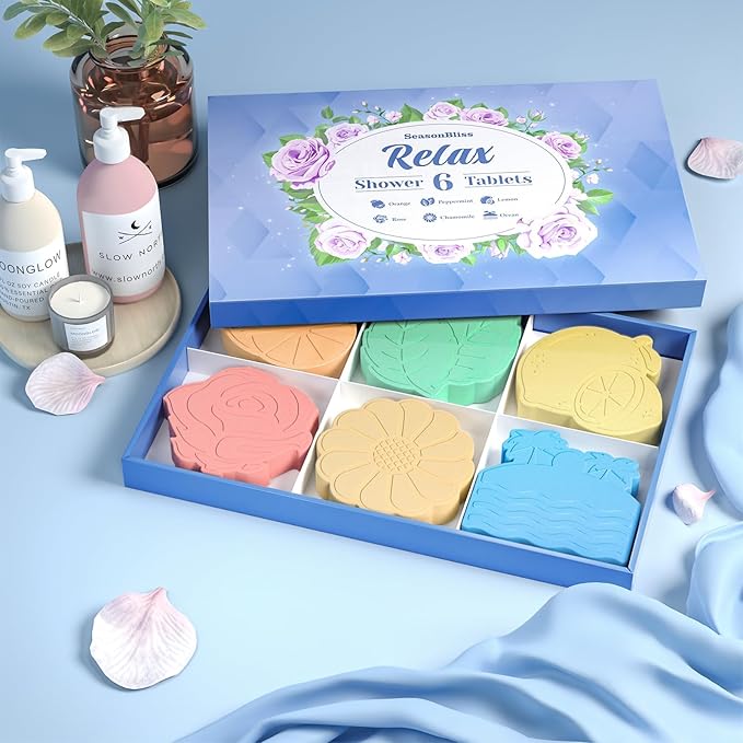 Shower Steamers 6 Pack Shower Bombs with Unique Shapes & Scents, Orange Peppermint Lemon Rose Chamomile Sea, Self Care Shower Steamer, Stocking Stuffers Christmas Gifts for Women, Men