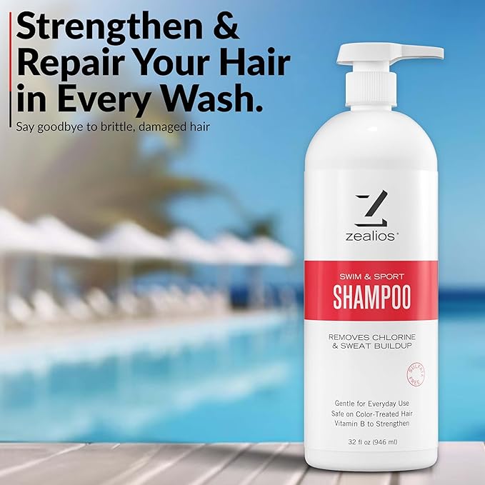 Zealios Swim & Sport Clarifying Shampoo, 32 oz Pump Bottle for Extremely Damaged Hair, Pool Hair Repair & Protector - Sulfate-Free, Moisturizing Chlorine & Salt Removal, Color-Safe, Citrus Scent