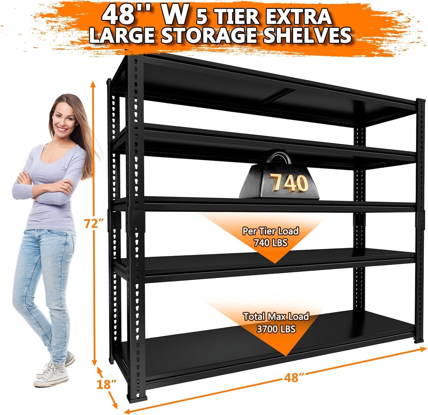 Storage Shelves Heavy Duty 2 PCS,48"L x 18"W x 72"H Garage Storage Shelves Unit Loads 3700LBS, 5-tier Adjustable Metal Industrial Utility Shelf Rack for Kitchen, Laundry Room,Warehouse, Basement