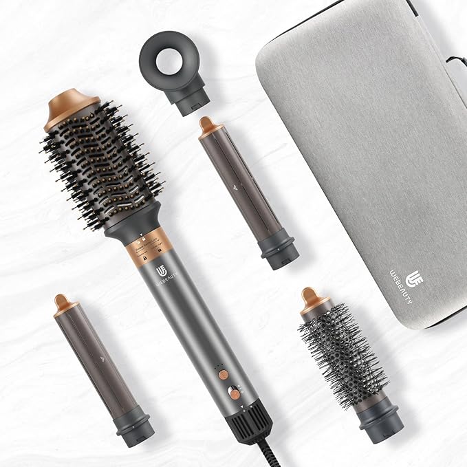 5 in 1 Hot Air Brush Hair Dryer Air Styler - 110,000 RPM Fast Drying, Curling, Straightening with Ceramic Coating & Negative Ion, No Heat Damage for All Hair Types, Includes Travel Case (Gold)