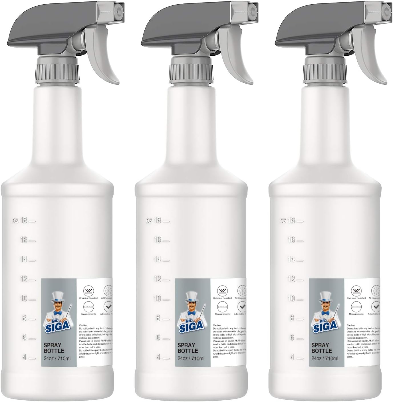 MR.SIGA 24 oz Empty Plastic Spray Bottles for Cleaning Solutions, Heavy Duty Household Reusable Spray Bottles with Measurements and Adjustable Leak Proof Nozzle, 3 Pack