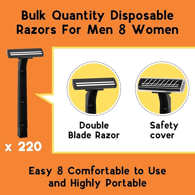 CXYARY 220 Pcs Twin Blade Disposable Razors With Clear Safety Cap, Shaving Razors Bulk for Men &Women, Stainless Steel Blade, Multipurpose Portable Shave Razor for Bathing Hotel Travel, Black