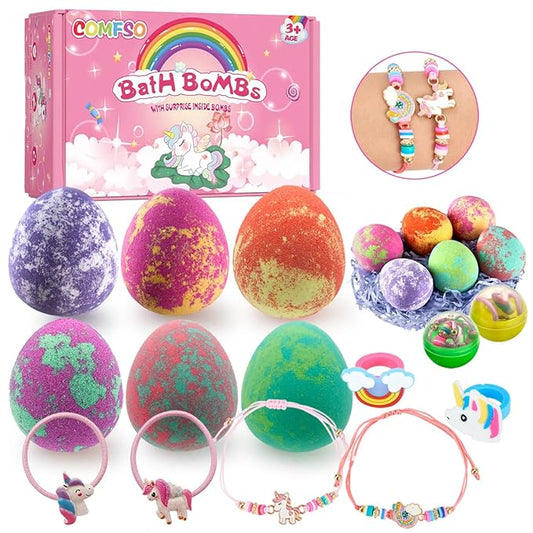 Bath Bombs for Kids with Surprise Inside- Dino Egg Bath Bombs for Girls, 6 Pcs Bubble Bath Bomb, Dinosaur Bathbombs Gift Set, Unicorn Jewelry for Girls, Birthday Gifts