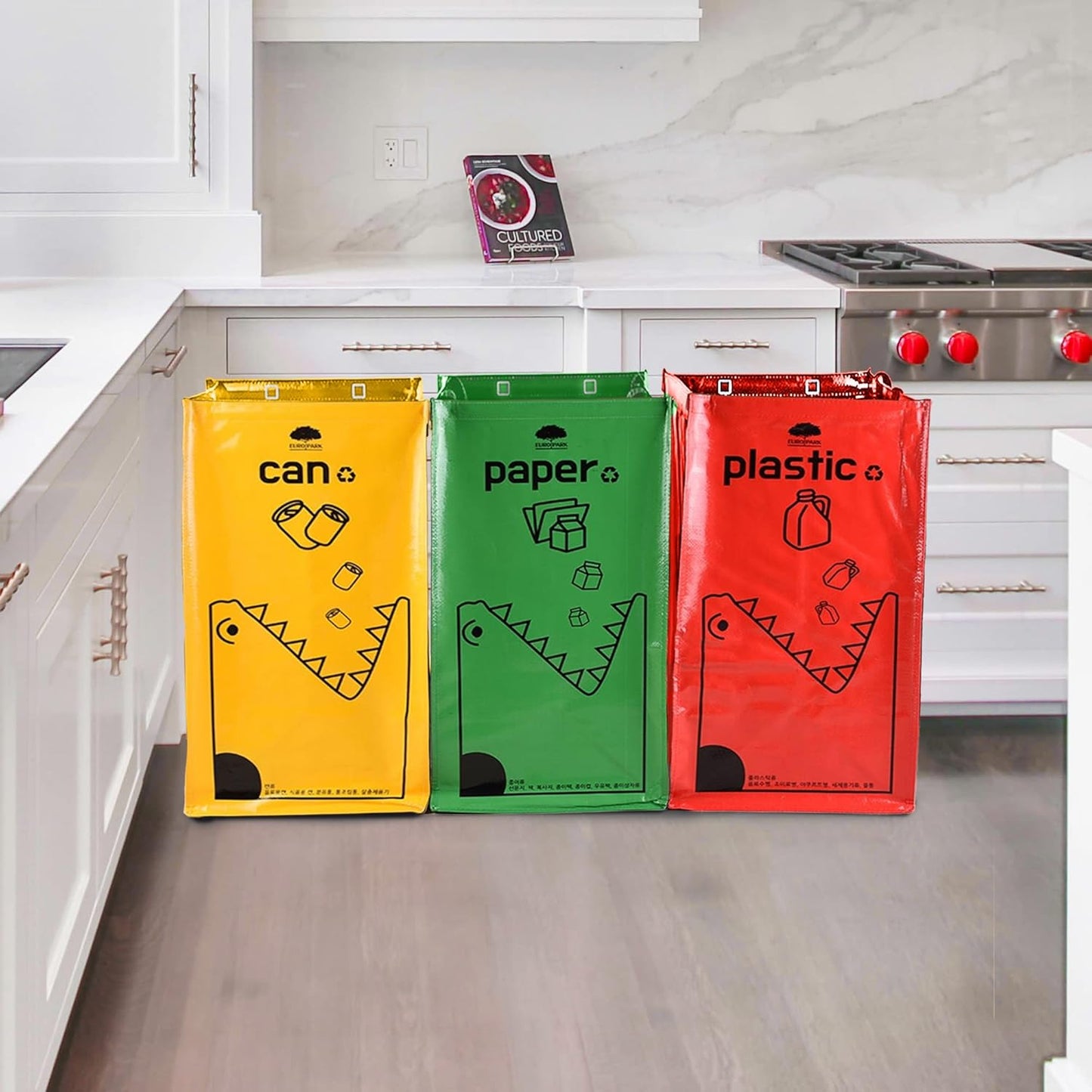 Recycling Bags,Separate Recycling Waste Bin Bags for Kitchen Home, Trash and Recycle Bin Combo,Reusable Waterproof,42 Gallon, Pack of 3 Recycling Bins