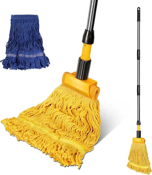 Masthome Industrial Mop, Commercial Mop for Floor Cleaning Heavy Duty, Cotton Mops Looped-End String Wet Mops with 2 MopHeads for Home, Garage, Office Floor Cleaning (Yellow-Blue)