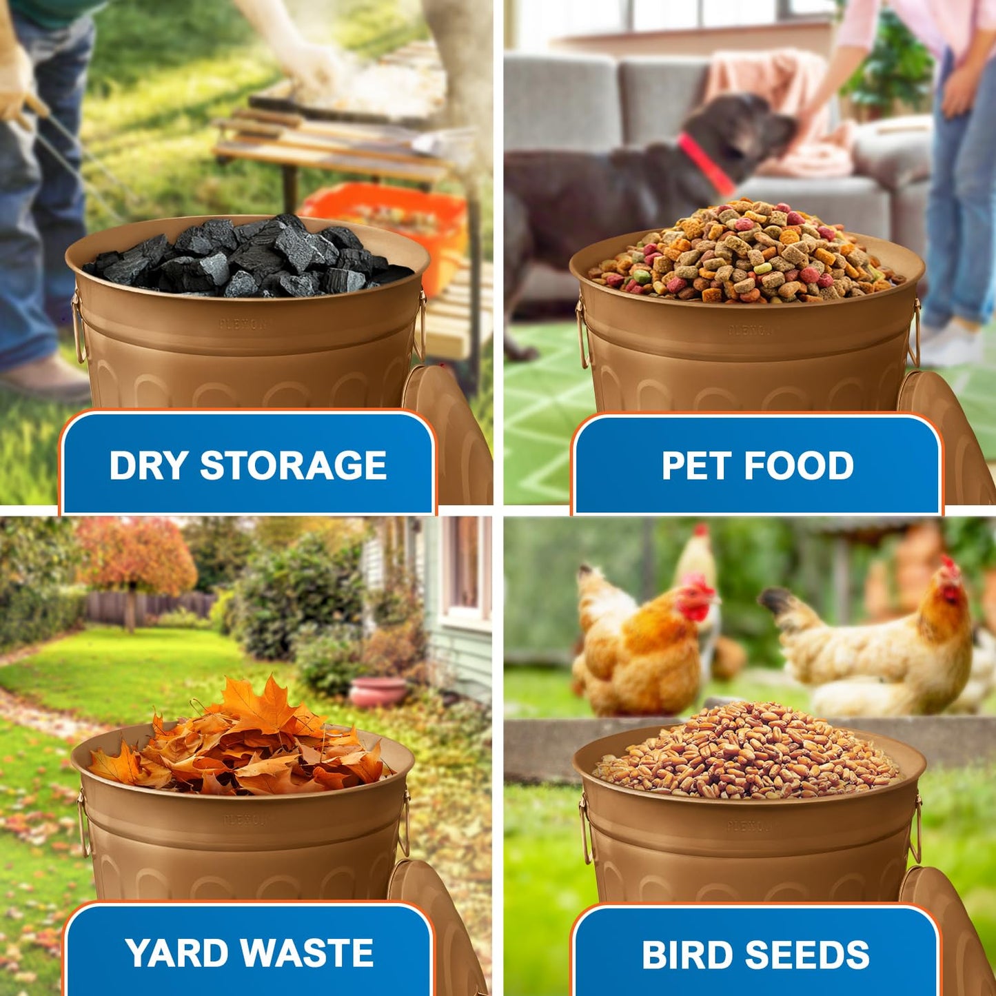 Plexon Round Trash Can 13 Gallon, Vintage Metal Outdoor Trash Can with Lid, Retro Farmhouse Garbage Container, Old School Modern Ash Bucket, Copper