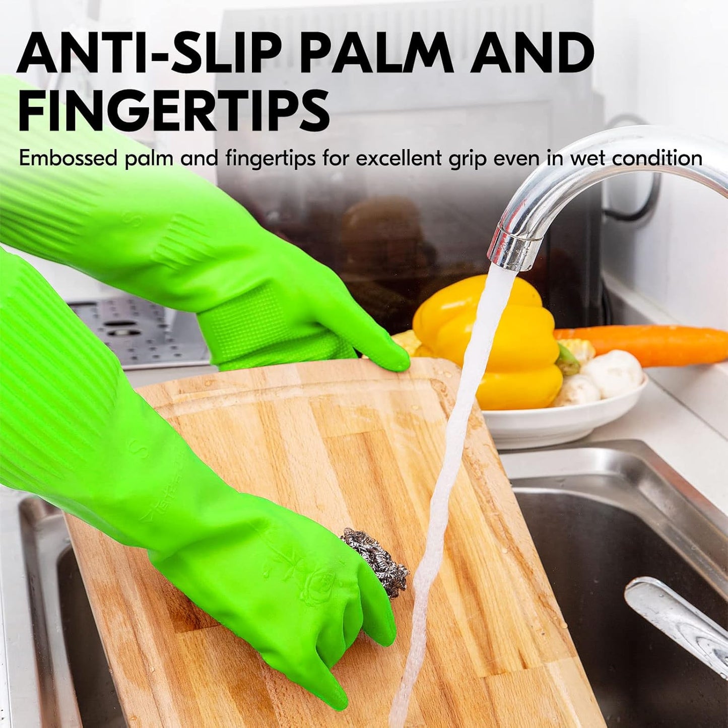 Vgo... 1-Pair Dishwashing Gloves, Reusable Household Gloves, Kitchen Gloves, Long Sleeve, Thick Latex, Cleaning, Washing, Working, Painting, Gardening, Pet Care (Size L,Green, RB2143)