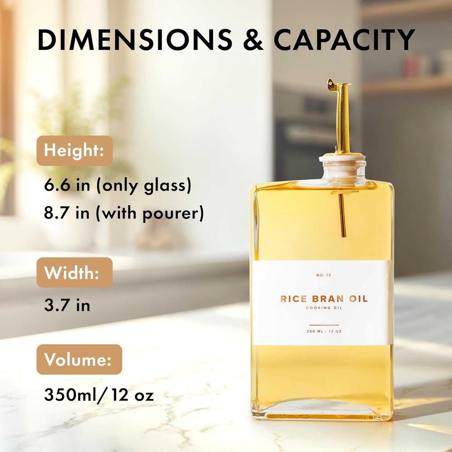 Glass Olive Oil Dispenser Bottle Set [2x12oz]: 36 Premium Gold Labels, Oil Dispenser for kitchen, Vinegar Bottle Set, Glass Dispensers for Soy Sauce, Syrup Bottles | Set of 2