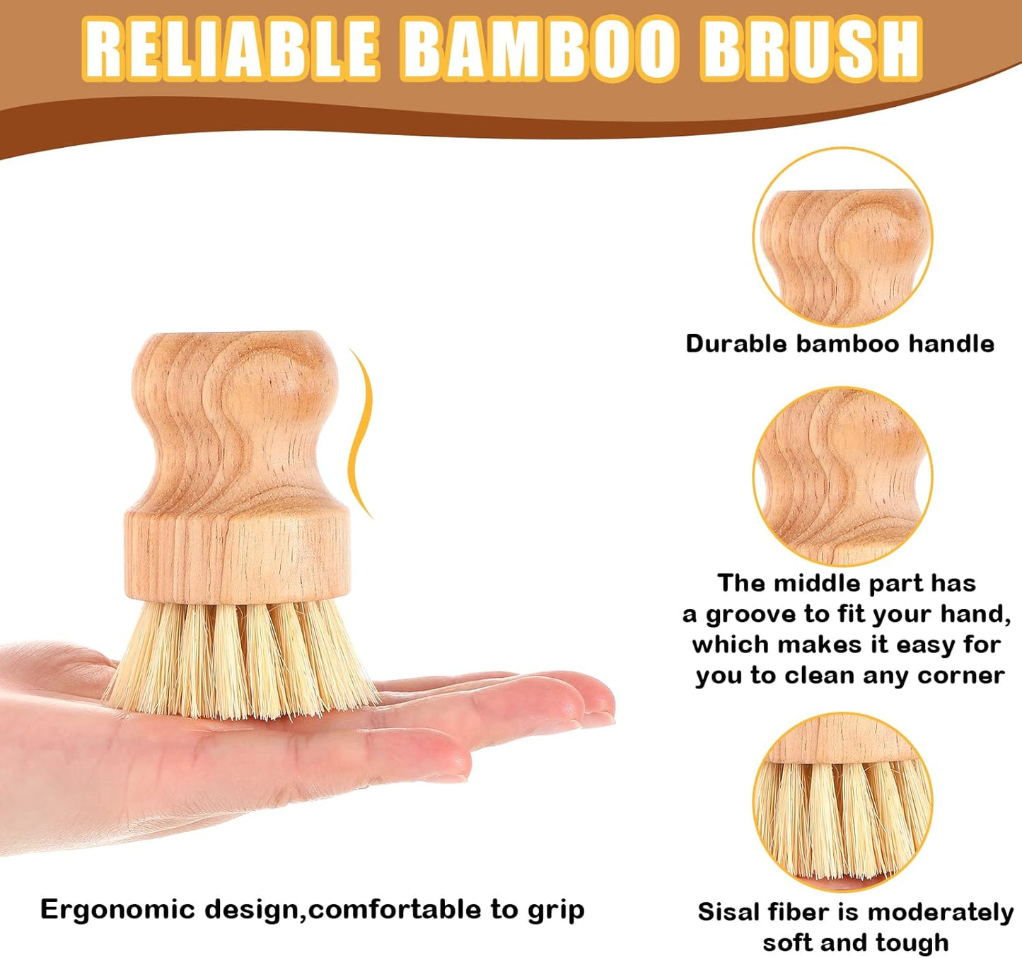 Nuenen 20 Packs Bamboo Dish Scrub Brushes Wooden Scrubbers Set Kitchen Dishwashing Scrubber with Natural Sisal Bristles for Iron Pot Pan Sink