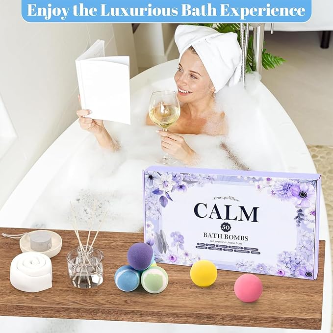 TranquilBliss Bath Bombs Set 50 PCS with 10 Rich Scents, Bath Bombs for Women, Natural Bubble Bombs with Shea Butter & Safe Oil, Ideal for Christmas, Birthday, Mother's Day Present (Purple)