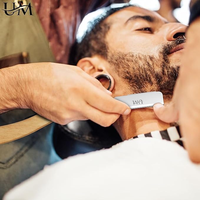 UM Supplies Straight Edge Razor with 100 Replaceable Single Edge Blades kit | Men's Straight Shaving Razors | Navajas para Barbero (Curved Wooden)