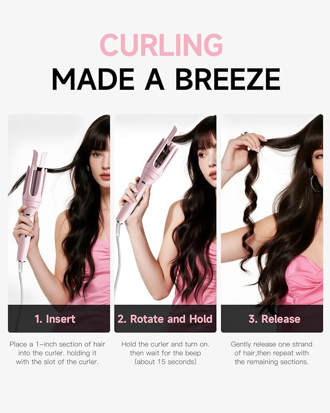 3 in 1 Automatic Curling Iron, Hair Curlers with 3 Curling Barrels (1" - 1.25" - 1.5"), Rotating Curling Iron with 3 Temp, 2-Way Rotation, 10S Fast Heating, Anti-Scald, Dual Voltage, Pink