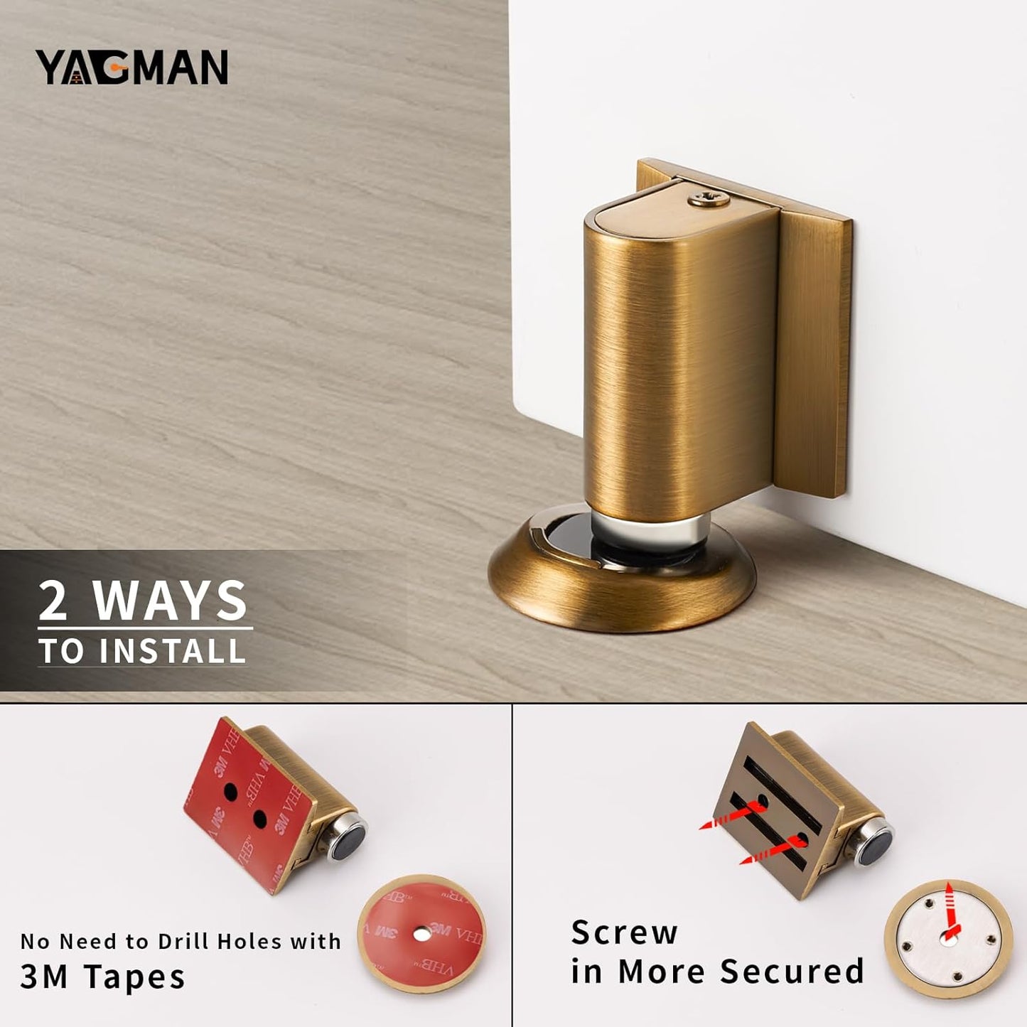 2 Pack Magnetic Door Stoppers Retractable Bottom of Door Holder No Drilling Mount Floor Door Stop with Screws and Adhesive Catch Door Keep Door Open Antique Brass AB-2