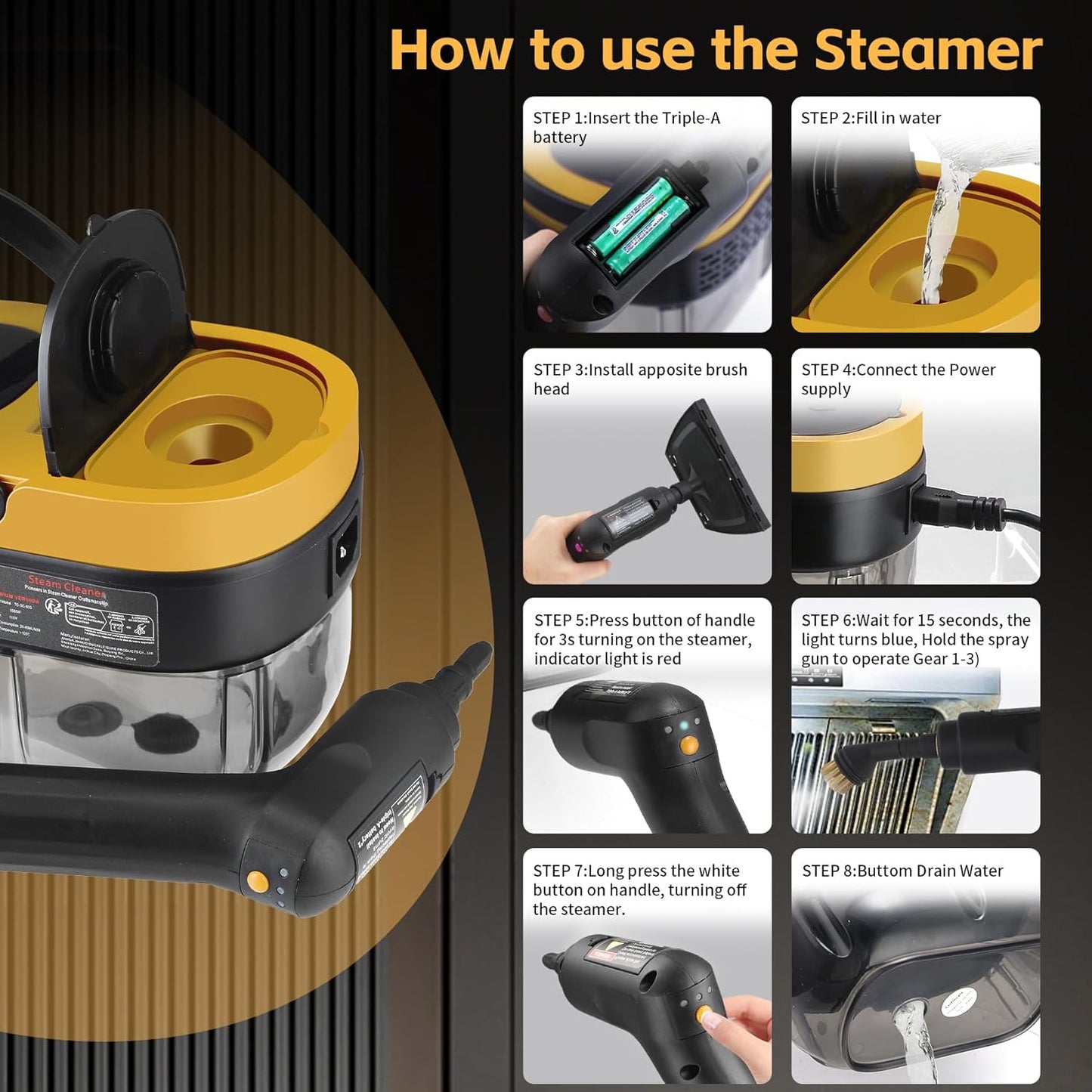 Steam Cleaner, 3-Level Adjustable Handle, 15s Heat-Up, 1.69 Quarts Tank, Portable Steamer for Cleaning with 10 Accessories, Steam Cleaner for Home for Dirt (Yellow)