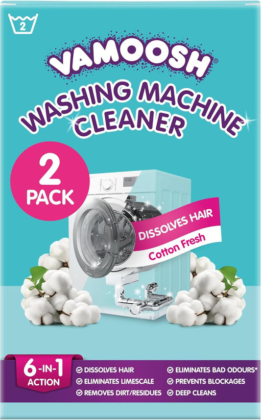 Vamoosh 6-in-1 Washing Machine Cleaner | Dissolves Pet Hair | Leaves No Residue | Removes Limescale | Eliminates Odor | Descales | Cotton Fresh Scent | For Front Load | 150g (Pack of 2)