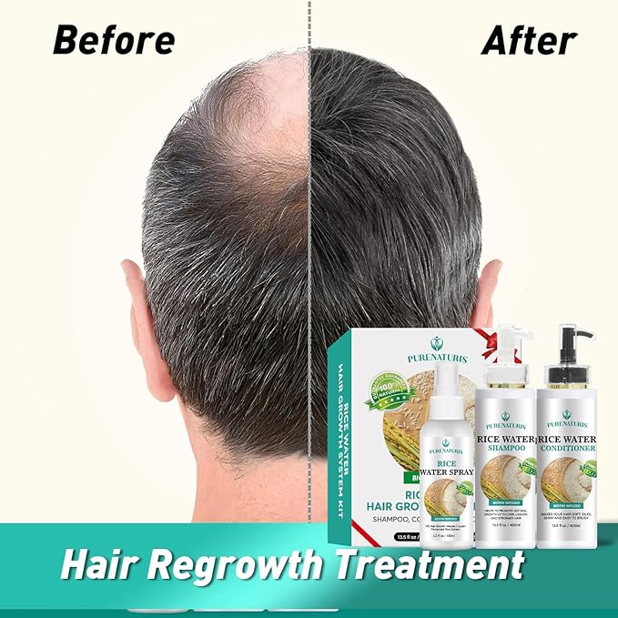 PureNaturis Rosemary Rice Water Shampoo Conditioner & leave-in Spray for Hair Growth Repair System Kit, w/Rosemary, Biotin, Caffeine, Sulfate Free Routine Shampoo for Women Men Hair Loss Thickening