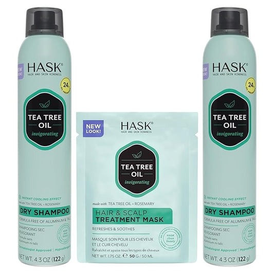 HASK Tea Tree Revitalizing Dry Shampoo Duo (4.3oz-Qty 2) & Tea Tree Revitalizing Deep Conditioner Packette, Aluminum-Free, Sulfate-Free, Paraben-Free, Color Safe, for All Hair Types