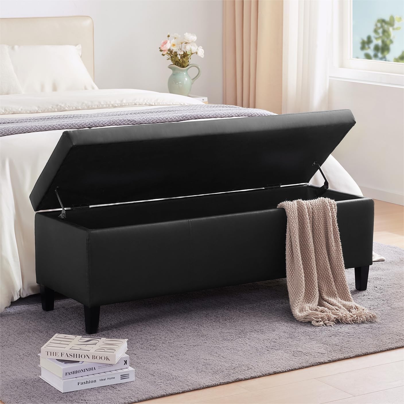 HUIMO Faux Leather Storage Ottoman Bench 50.3 Inch Extra Long PU Upholstered Bedroom Bench with Large Storage Space for The Living Room, Entryway, Bedroom Hold Up to 300lbs (Black)