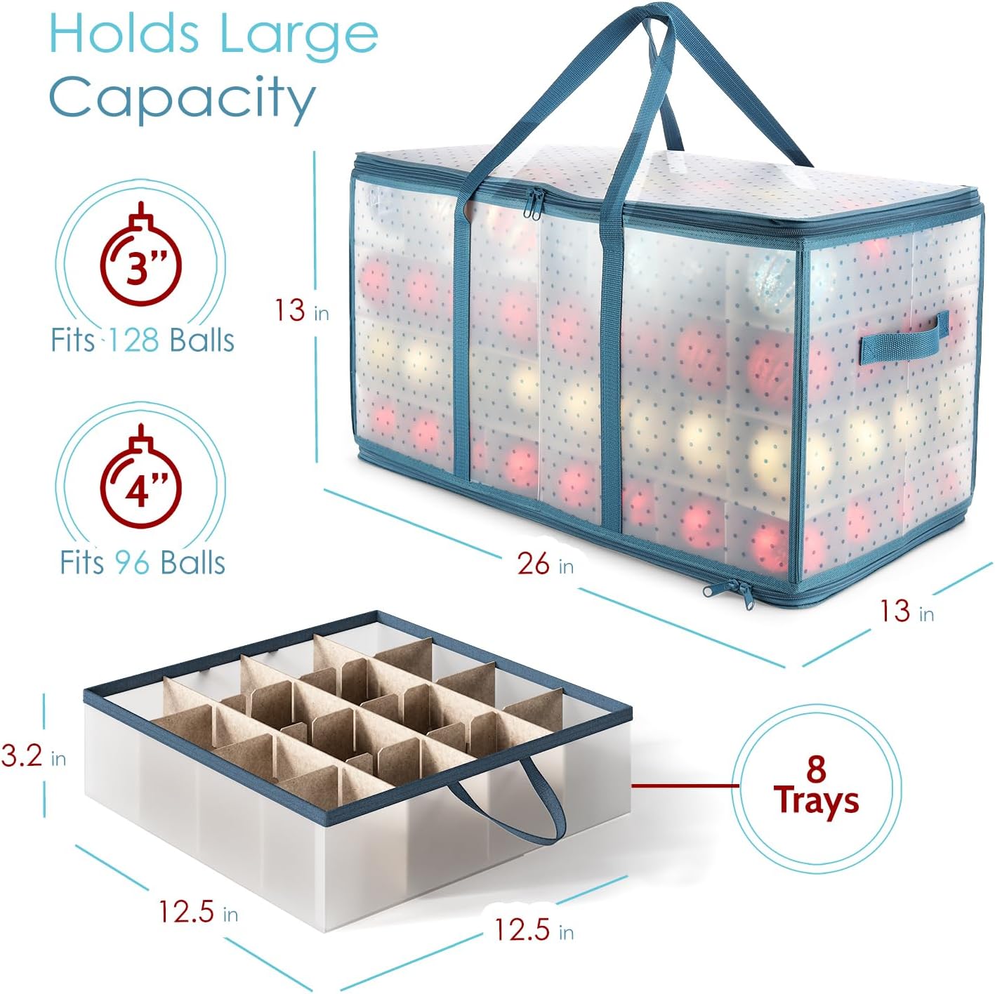 Hearth & Harbor Large Christmas Ornament Storage Box With Adjustable Dividers - Plastic Ornament Storage Container For 128 Holiday Ornaments or Decorations