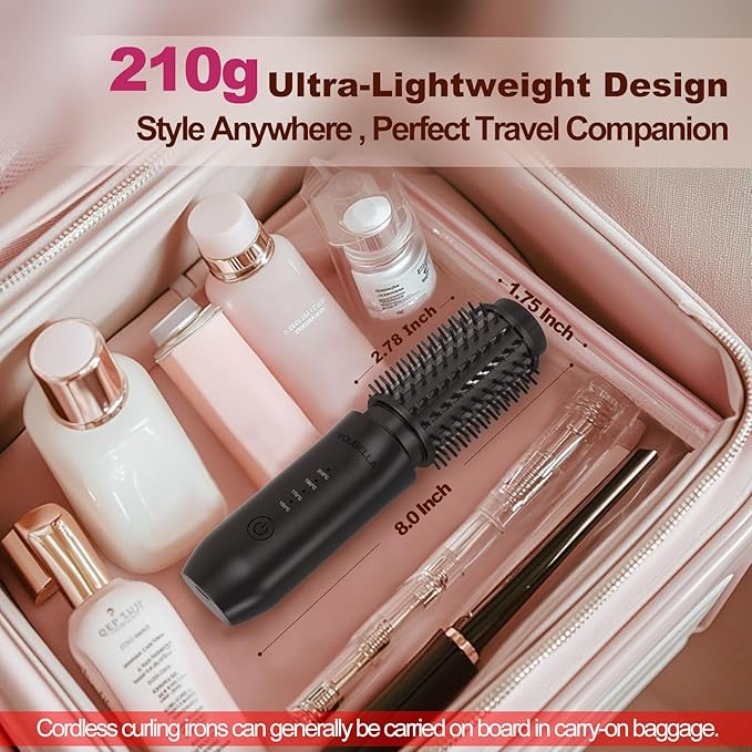 Youbella Cordless Hair Curling Iron Brush, Mini Travel Hot Straightener Comb, 3-In-1 Portable Wave Curling Wand, 1.5″ Ionic Heated Brush, USB Rechargeable Hair Curler, All Black –No Automatic Rotation