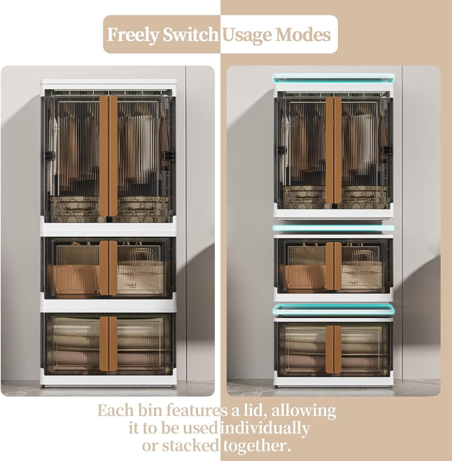 HAIXIN Closet Organizers and Storage, 77.6 Gal Stackable Bins, Wardrobe Organizer, Collapsible Clothing Storage with Closet Rod and Clothes Hangers (1 Pack 39.6 Gal and 2 Pack 19 Gal)