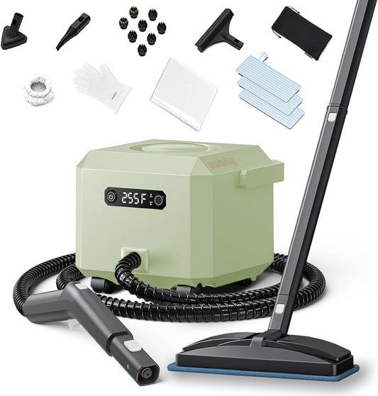 Steam Cleaner: 1650W, Fast 50-Sec Heat-Up-21-Piece Kit Refill Anytime-No Cooling-Detachable Hose Steamer Mop for Home Use Car Bed Furniture Bathroom Tile Grout Floor Cleaning And More Green