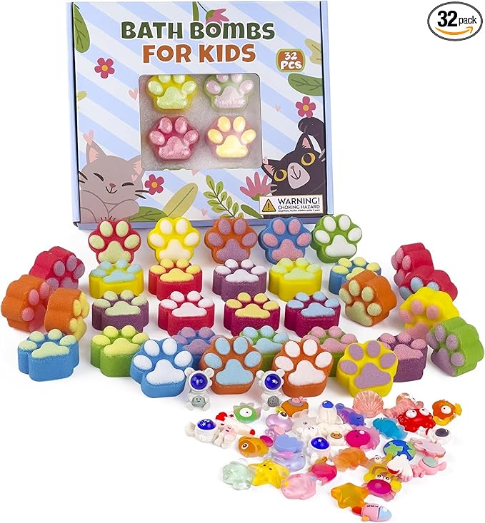 Bath Bombs for Kids with Surprise Inside, 32 Pack Paw Bath Bombs with Toy, Ocean Animals and Space Planet Toys SPA Fizzy Handmade Natural Bath Bomb Gift Set at Christmas, Birthday