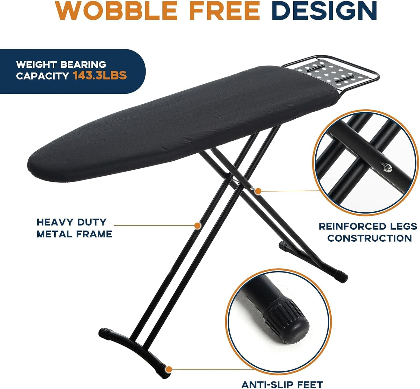 Ironing Board Full Size, RAINHOL 54"x13" Heavy Duty Compact Ironing Board with Iron Rest, Heat Resistant Cover with Ultra Thick Padding, Height Adjustable Sturdy Iron Stand, Black