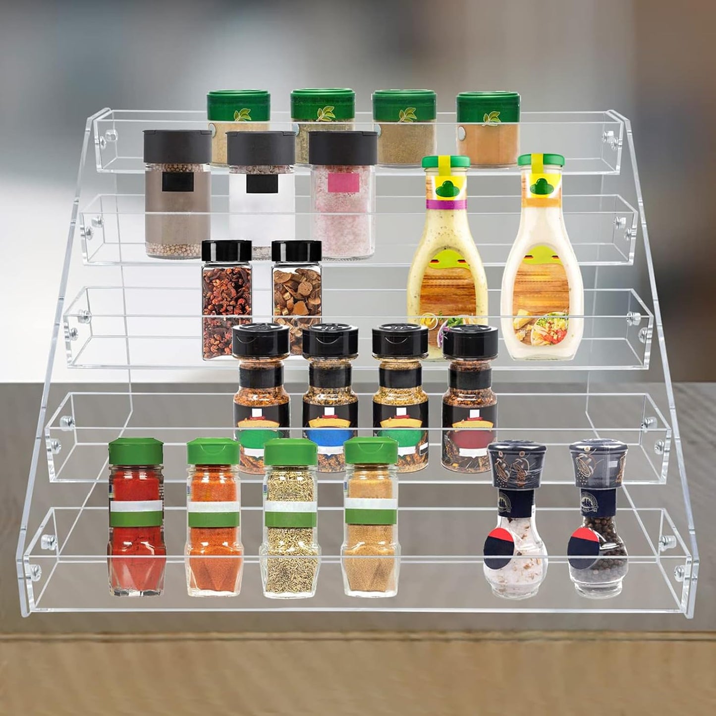 PMMASTO Tiered Spice Rack, Seasoning Organizer, Clear Acrylic Vertical Shelves Can Organizer for Countertop, Cabinet, Pantry, Kitchen Organization and Storage - 5 Tier