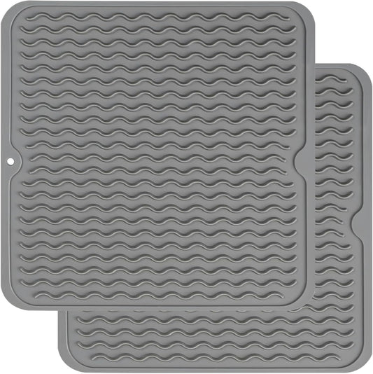 ZLR 2 Pcs Silicone Dish Drying Mats for Kitchen Counter, Eco-Friendly Fast Dry Dish Mat, Easy Clean Multi Usage Drying Matt, Heat Resistant Trivet, 12" x 12" Middle, Gray