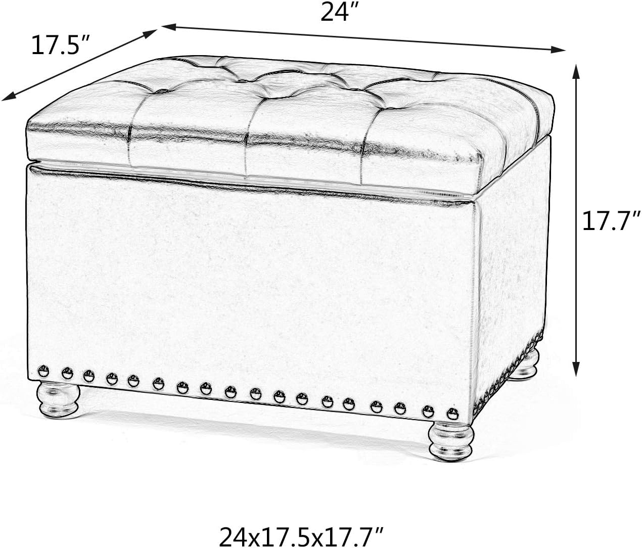 24'' Leather Storage Ottoman Rectangular Foot Rest Stool with Nailhead Trim for Bedroom Living Room(Dark Brown)