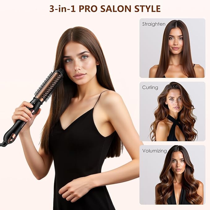 3-in-1 Thermal Brush for Blowout Look, 1.5 inch Heated Round Brush with Ion Detachable Heated, Makes Hair Straightening and Smoother Get Natural Curls, Dual Voltage for Travel, Quick&Easy