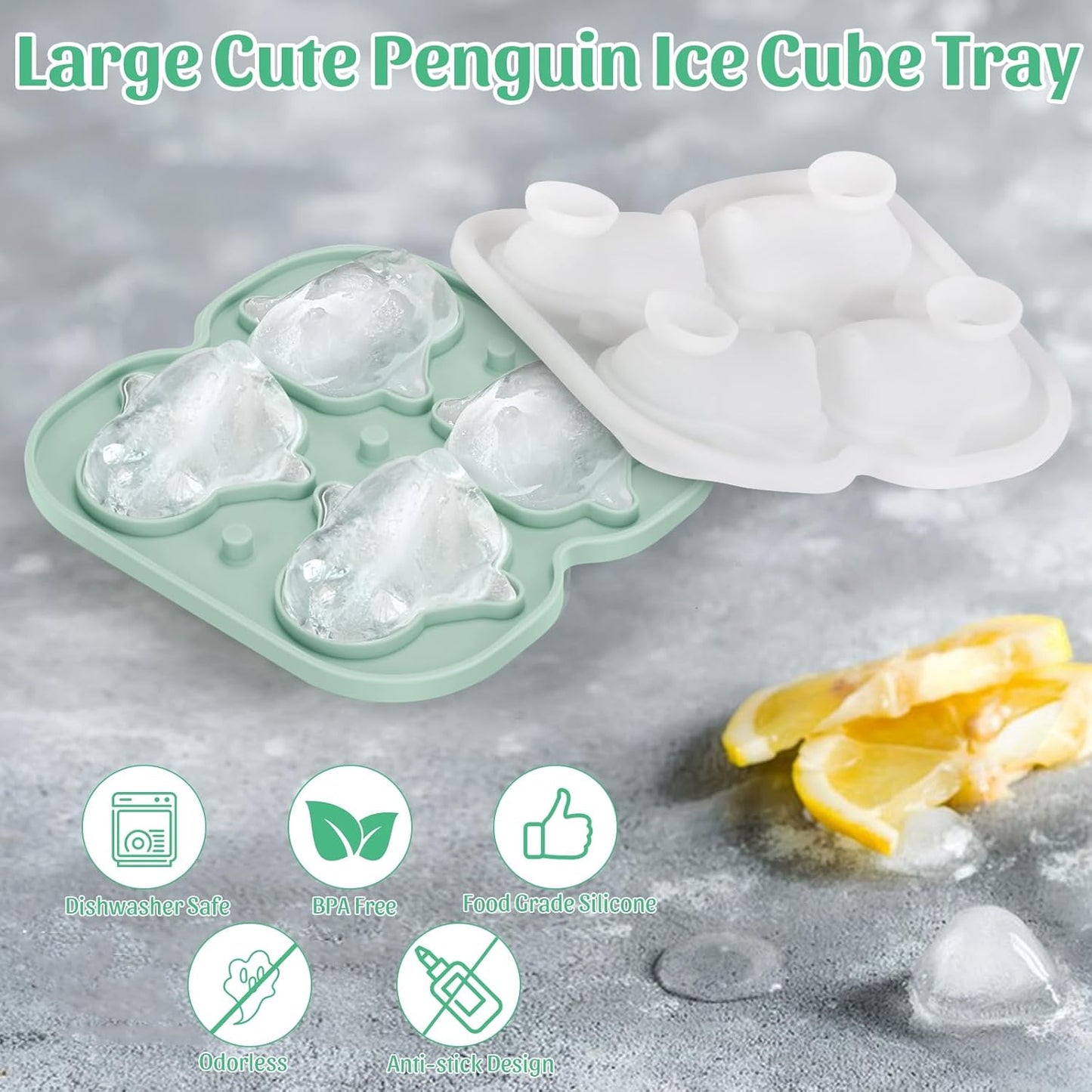 Silicone Ice Cube Tray,Penguin 3D Large Ice Cube Molds for Whiskey,Cocktails,Wine,Juice and Bourbon,4 Big Cute Animal Ice Trays for Freezer with Lid Easy-Release BPA Free(Penguin)