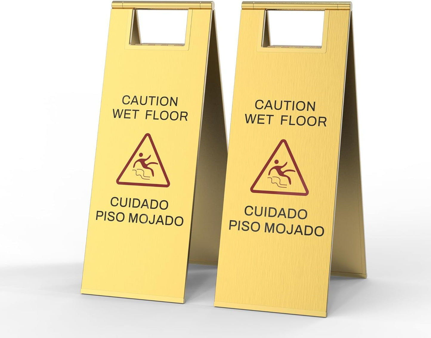 2 Pcs Wet Floor Sign, 24 Inch Gold Stainless Steel Caution Wet Floor Sign Double Sided Foldable Bilingual Commercial Safety Warning for Hotel Market Restroom Restaurant Office