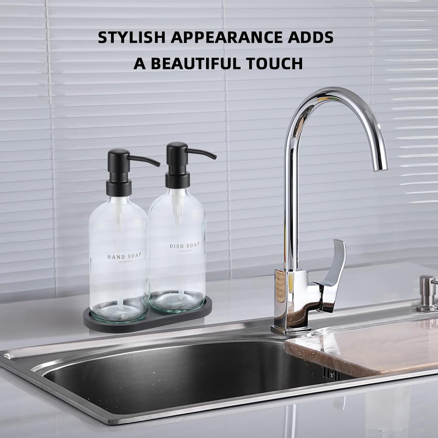 Glass Soap Dispenser - Dish Hand Soap Dispenser for Kitchen, Bathroom Soap Lotion Dispenser with 304 Rust Proof Pump, Tray, Clear Bottle/Black Pump