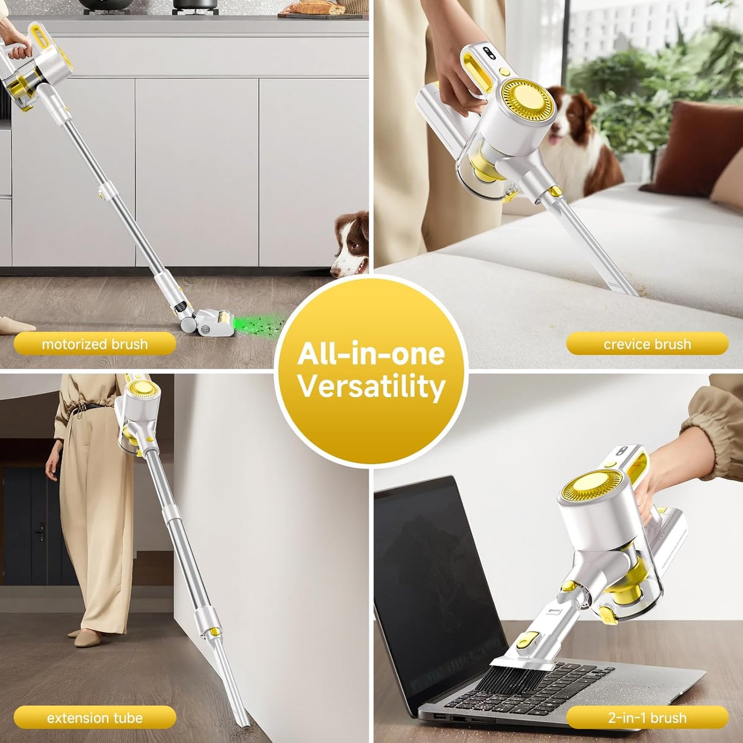 Cordless Vacuum Cleaner, 6-in-1 Stick Vacuum Cleaners for Home, Lightweight Rechargeable Vacuum with LED Anti-Tangle Brush for Carpet, Hardwood Floors & Pet Hair