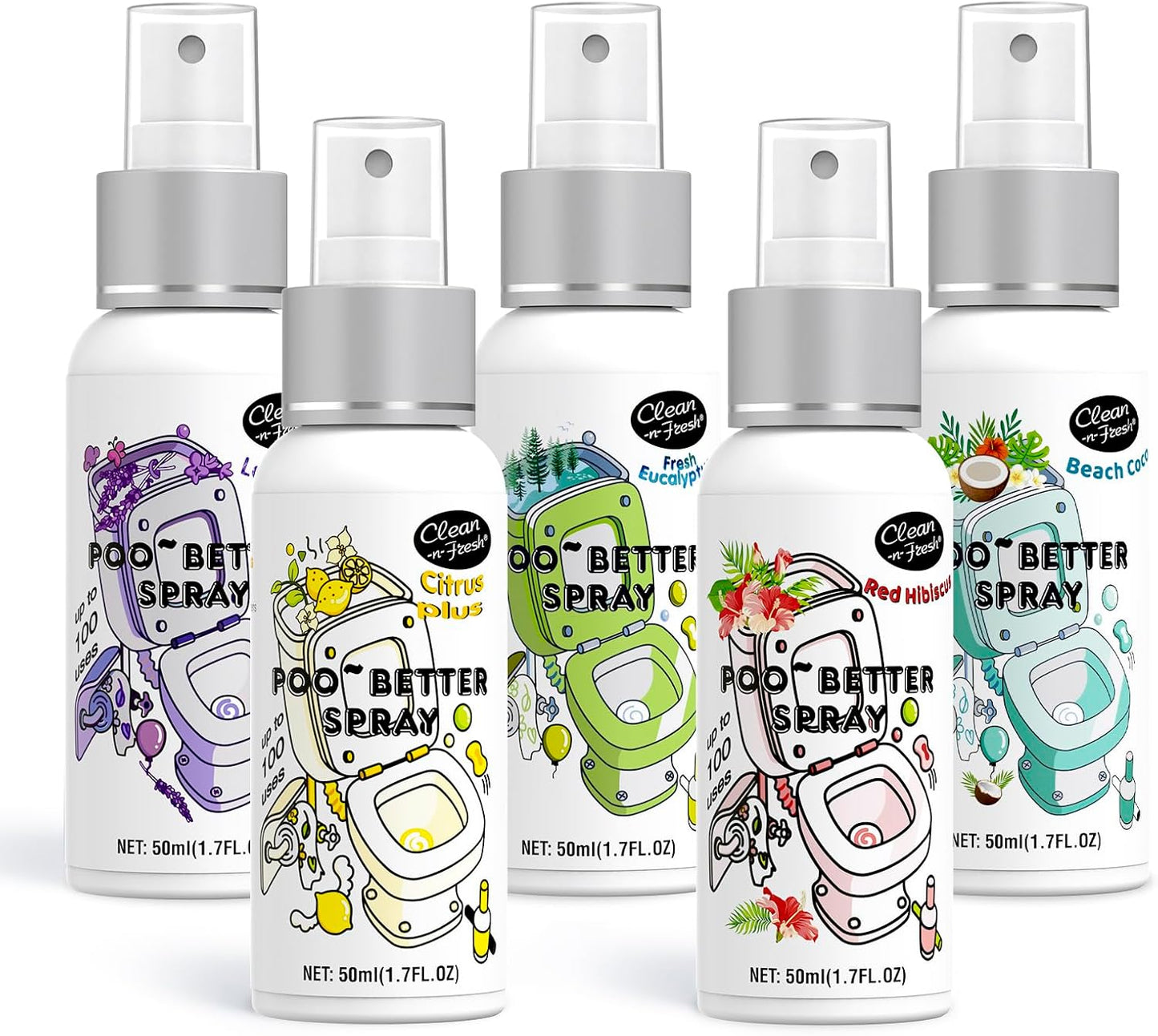 Clean-n-Fresh Toilet Spray, 8.5 Fl Oz Variety Pack of 5 - Citrus, Hibiscus, Lavender, Eucalyptus, Beach Coco, Travel Essentials Bathroom Odor Elimination, Air & Toilet Freshener, Each 1.7 Fl Oz